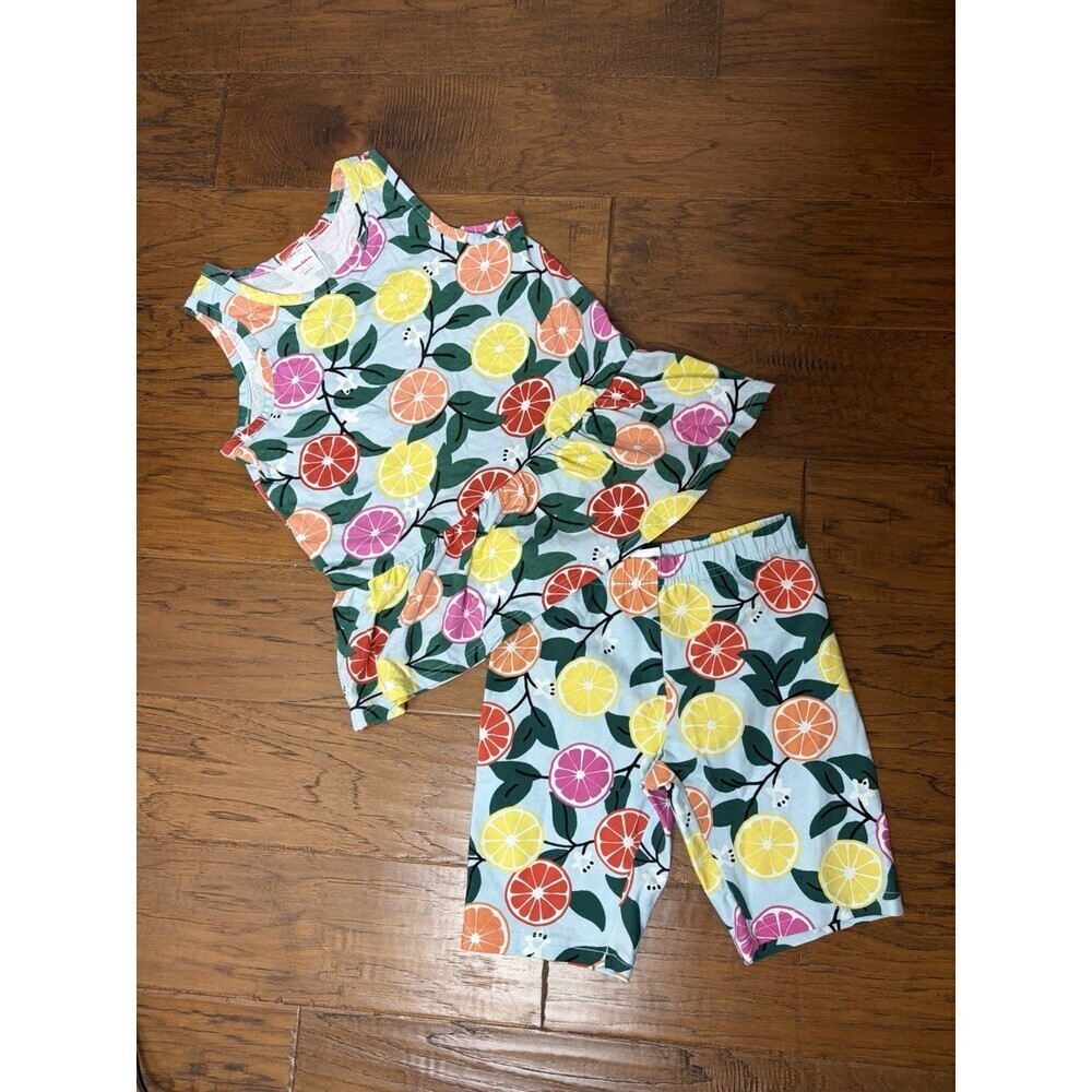 EUC Hanna Andersson SWEET CITRUS FRUIT PEPLUM SLEEVELESS TANK TOP SET 130 8